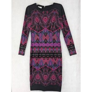 Maggy L Black Pink Purple Paisley Print Long Sleeve Sheath Dress Sz 4 Boho Chic